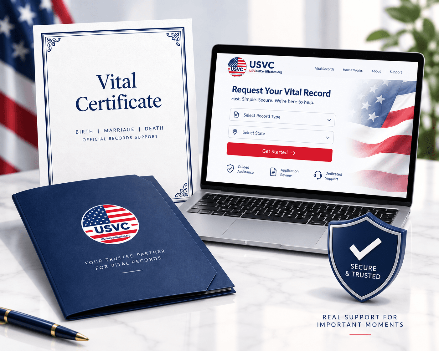 A secure navy document folder holding a vital certificate beside a laptop showing an application form